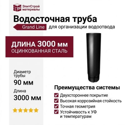 Водосточная труба 3 метра, Grand Line, Черная (RAL 9005)