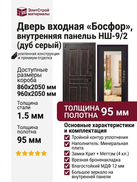 Дверь входная «Босфор», внутренняя панель НШ-9/2 (дуб серый)