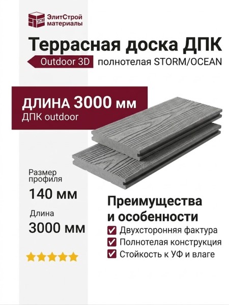 Террасная доска DPK Outdoor 3D полнотелая STORM/OCEAN, Серый микс
