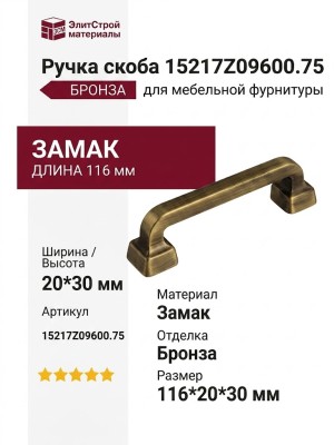 Ручка скоба 15217Z09600.75, материал Замак, отделка Бронза, 116*20*30 мм