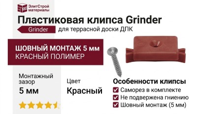 Пластиковая клипса с саморезом Grinder, монтаж шовный 5 мм, красная