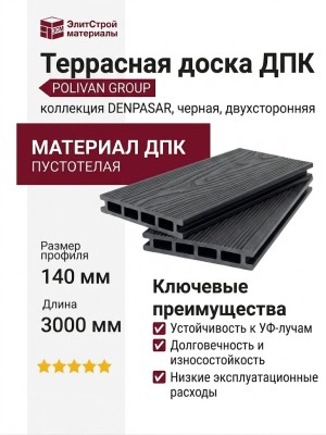 Террасная доска ДПК POLIVAN GROUP 3D+вельвет пустотелая с двухсторонней отделкой DENPASAR черного цвета.