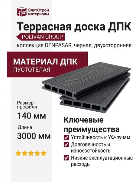 Террасная доска ДПК POLIVAN GROUP 3D+вельвет пустотелая с двухсторонней отделкой DENPASAR черного цвета.