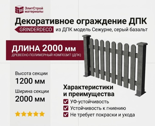 Декоративное ограждение из ДПК GRINDERDECO, цвет: серый базальт.