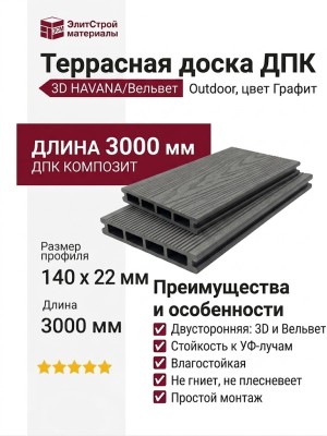 Террасная доска ДПК Outdoor 3D HAVANA/Вельвет, Графит