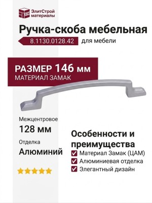 Ручка-скоба 8.1130.0128.42, материал Замак, отделка Алюминий, 146x10x27 мм