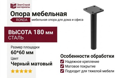 Опора мебельная NM-RONDA-S-180-20M, материал Сталь, отделка Черный, 180*60*60 мм