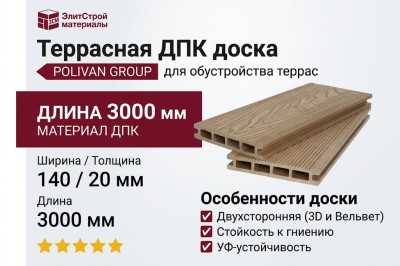 Террасная ДПК доска POLIVAN GROUP 3D+ вельвет пустотелая двухсторонняя DENPASAR в песочном цвете.