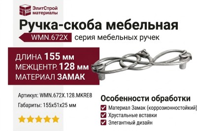 Ручка-скоба WMN.672X.128.MKRE8, материал Замак, отделка Серебро Хрусталь, 155x51x25 мм