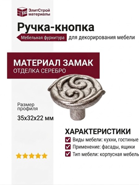 Ручка-кнопка WPO.634Y.031.M00E8, материал Замак, отделка Серебро, 35x32x22 мм