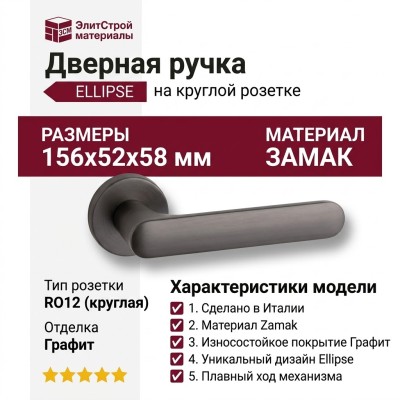 Дверная ручка на круглой розетке ELLIPSE HA193RO12 ELX1, материал Замак, отделка Графит, 156*52*58 мм