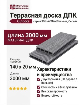 Террасная доска ДПК Outdoor 3D HAVANA/Вельвет, Серый