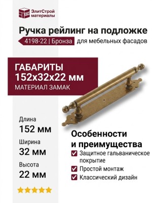Ручка рейлинг на подложке 4198-22, материал Замак, отделка Бронза, 152*32*22 мм