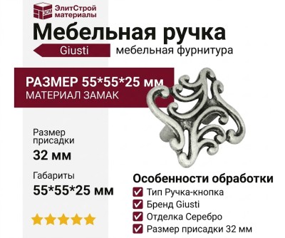 Ручка кнопка Giusti WPO.721.032.00E8, материал Замак, отделка Серебро, 55*55*25 мм