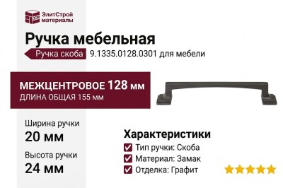 Ручка скоба 9.1335.0128.0301, материал Замак, отделка Графит, 155*20*24 мм