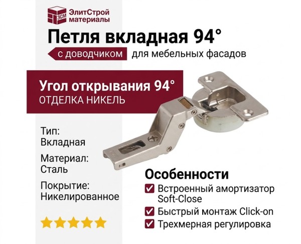 Петля 94° вкладная с доводчиком CNA7PE9, отделка Никель