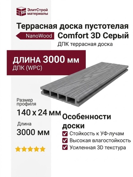 Террасная доска пустотелая NanoWood Comfort 3D Серый