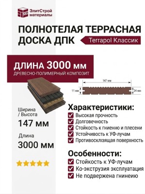 Полнотелая террасная доска из ДПК Terrapol Классик с пазом