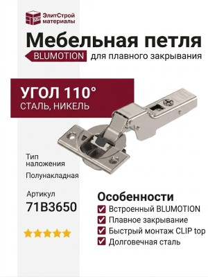 Петля CLIP top BLUMOTION полунакладная 110° 71B3650, отделка Никель