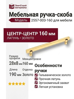 Ручка скоба 2557-003-160, материал Латунь, отделка Золото, 28*8/15*190 мм
