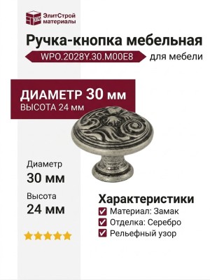 Ручка-кнопка WPO.2028Y.30.M00E8, материал Замак, отделка Серебро, 30x24 мм