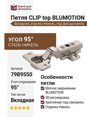 Петля CLIP top BLUMOTION вкладная под фальшпанель 95° 79B9550, отделка Никель