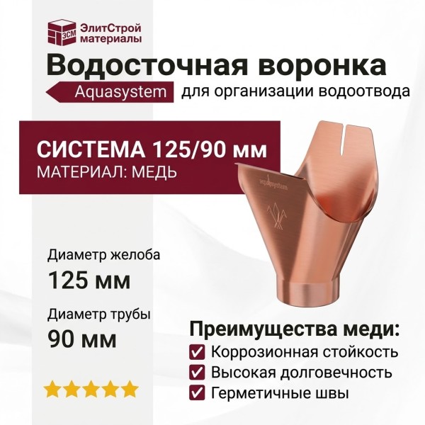 Воронка желоба Aquasystem, медь 125/90