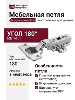 Петля Integra slowmotion со встроенным доводчиком прямая (180/95) 51AH850590CB, материал Металл