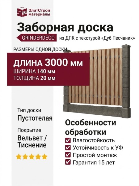 Заборная доска GRINDERDECO, ДПК, текстура "дуб" Песчаник.