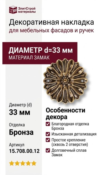 Накладка декоративная 15.708.00.12, материал Замак, отделка Бронза, d=33 мм