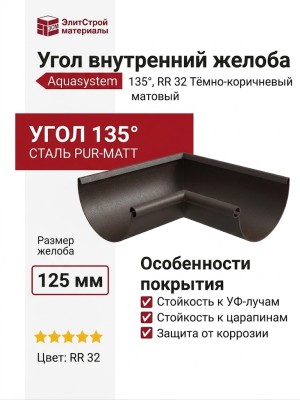 Угол внутренний желоба 135°, Aquasystem, RR 32 Тёмно-коричневый матовый 125/90