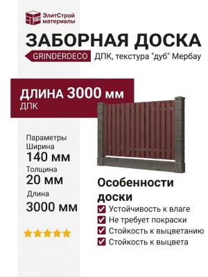 Заборная доска GRINDERDECO, ДПК, текстура "дуб" Мербау.