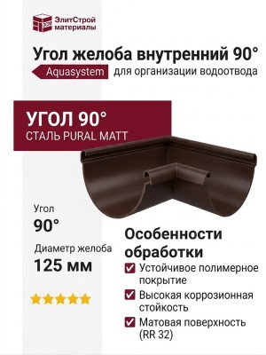 Внутренний угол желоба 90° Aquasystem RR 32 Тёмно-коричневый матовый 125/90