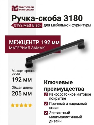 Ручка скоба 3180 0192 Matt Black, материал Замак, отделка Черный