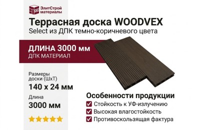 Террасная доска WOODVEX Select из ДПК темно-коричневого цвета