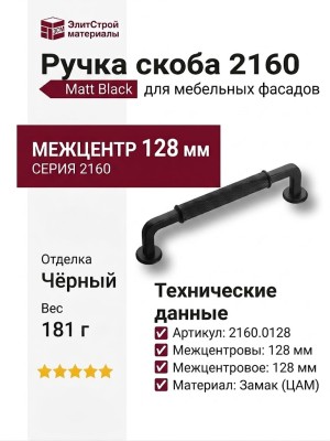 Ручка скоба 2160 0128 Matt Black, материал Замак, цвет Чёрный, отделка Черный
