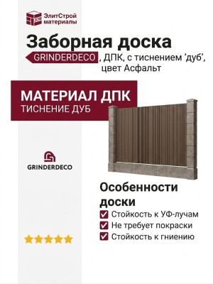 Заборная доска GRINDERDECO, ДПК, с тиснением "дуб", цвет Асфальт.