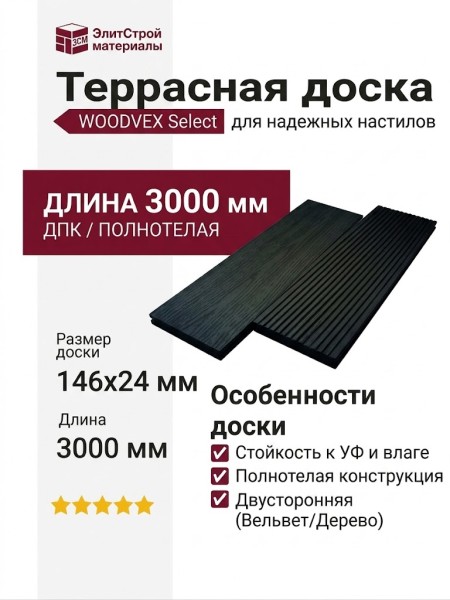 Террасная доска WOODVEX Select из ДПК в цвете Графит