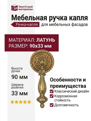 Ручка капля 04247O ORO, материал Латунь, отделка Латунь, 90*33 мм