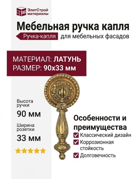 Ручка капля 04247O ORO, материал Латунь, отделка Латунь, 90*33 мм
