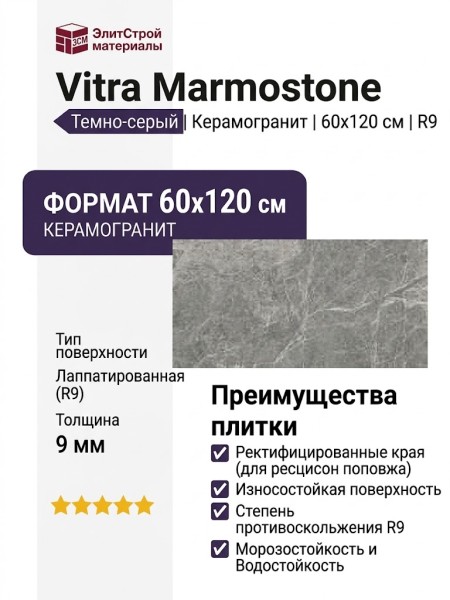 Vitra Marmostone Темно-Серый Лаппато R9 60x120 K951326LPR01VTEP