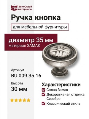 Ручка кнопка BU 009.35.16, материал Замак, отделка Серебро, 30*d=35 мм