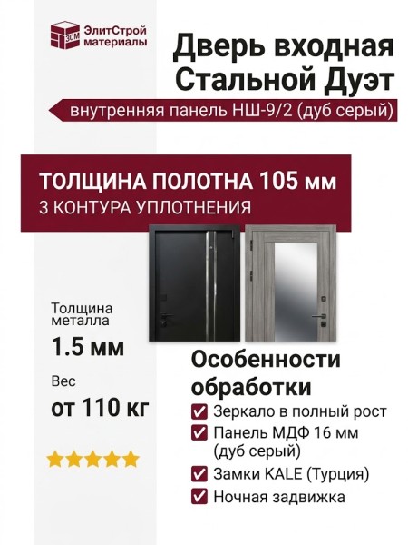 Дверь входная «Стальной Дуэт», внутренняя панель НШ-9/2 (дуб серый)