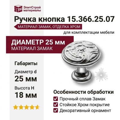 Ручка кнопка 15.366.25.07, материал Замак, отделка Хром, 18*d=25 мм