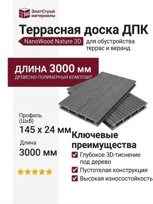 Террасная доска пустотелая ДПК NanoWood Nature 3D Серый