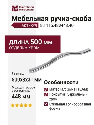 Ручка-скоба 8.1115.480448.40, материал Замак, отделка Хром, 500x8x31 мм