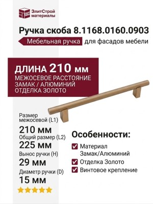 Ручка скоба 8.1168.0160.0903, материал Замак Алюминий, отделка Золото, 210*15*29 мм