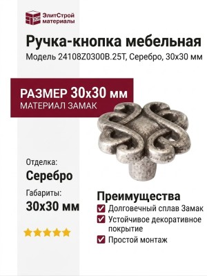 Ручка-кнопка 24108Z0300B.25T, материал Замак, отделка Серебро, 30x30 мм
