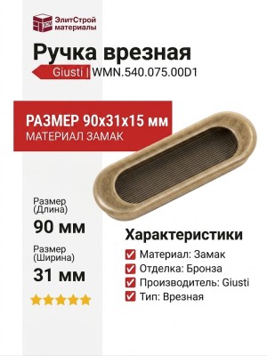 Ручка врезная Giusti WMN.540.075.00D1, материал Замак, отделка Бронза, 90*31*15 мм