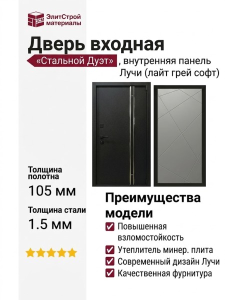 Дверь входная «Стальной Дуэт», внутренняя панель Лучи (лайт грей софт)